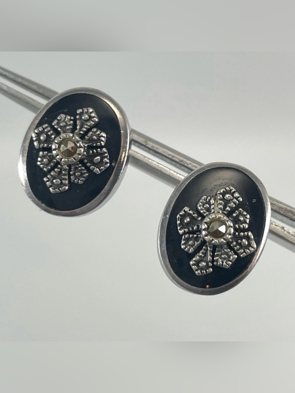 925 Sterling Silver Marsala Marcasite Post Earrings Elegant Evening Goth